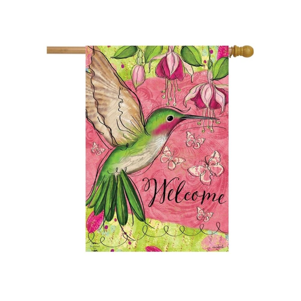 Hummingbird Welcome House Flag 28x40 Outdoor Decor Polyester Spring Pink Large